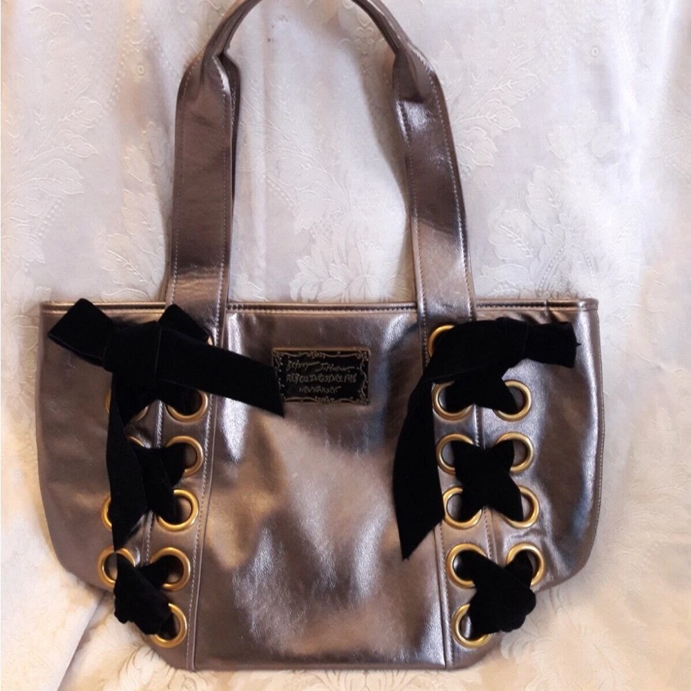 Betsey Johnson Tie me Up Lace Up Metallic BRONZE, Velvet Lace Large shopper tote
